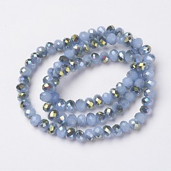 Light Sky Blue Electroplate Glass Beads Strands, Imitation Jade Beads, Pearl Luster Plated, Half Green Plated, Faceted, Rondelle, Light Sky Blue, 4x3mm, Hole: 0.4mm, about 123~127pcs/strand, 16.5~16.9 inch(42~43cm)