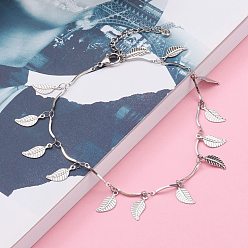 Stainless Steel Color 304 Stainless Steel Leaf Charm Anklets, with Bar Link Chains, Stainless Steel Color, 9-7/8 inch(25cm)