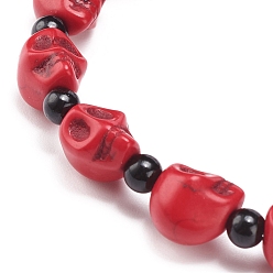 Red Natural Mashan Jade Skull & Synthetic Turquoise(Dyed) Beaded Stretch Bracelet, Gemstone Jewelry for Women, Red, Inner Diameter: 2-1/8 inch(5.5cm)