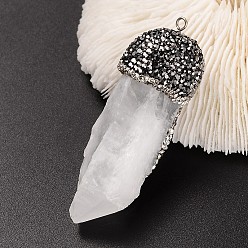 Quartz Crystal Nuggets Natural Druzy Crystal Big Pendants, with Tourmaline Beads, Polymer Clay Rhinestones and Platinum Tone Brass Findings, 40~69x11~19mm, Hole: 2mm