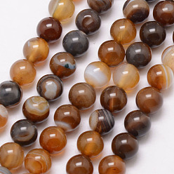 Saddle Brown Natural Striped Agate/Banded Agate Bead Strands, Round, Dyed & Heated, Saddle Brown, 8mm, Hole: 1mm, about 47pcs/strand, 15 inch