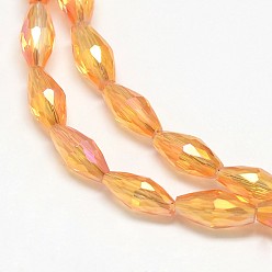 Orange Red Electroplate Crystal Glass Rice Beads Strands, Faceted, Rainbow Color Plated, Orange Red, 4x9mm, Hole: 1mm, about 58pcs/strand, 20.4 inch