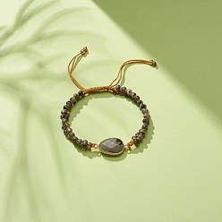 Labradorite Teardrop Natural Larvikite Braided Bead Bracelet, Double Line Gemstone Adjustable Bracelet for Women, Inner Diameter: 2-1/8~3-3/8 inch(5.4~8.6cm)