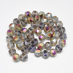 Gray Electroplate Glass Beads Strands, Rainbow Plated, Frosted, Faceted, Round, Gray, 9~10x9~10mm, Hole: 2mm, about 72pcs/strand, 25.98 inch