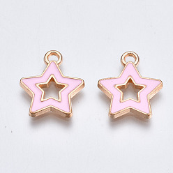 Pink Alloy Enamel Pendants, Star, Light Gold, Pink, 16x14x2mm, Hole: 1.6mm