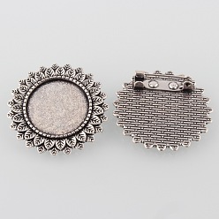 Antique Silver Vintage Alloy Flower Brooch Cabochon Bezel Settings, Cadmium Free & Lead Free, with Iron Pin Back Bar Findings, Antique Silver, Flat Round Tray: 20mm, 33x2mm, Pin: 0.8mm