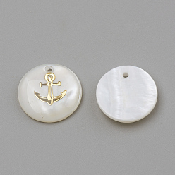 Golden Freshwater Shell Pendants, Flat Round & Anchor, Golden, 16x3.5~4mm, Hole: 1.2mm