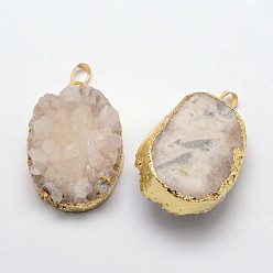 White Electroplate Natural Druzy Quartz Crystal Pendants, Dyed, with Golden Plated Brass Finding, Drop, White, 32~62x20~35x16~29mm, Hole: 5x8.5mm