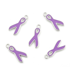 Purple Alloy Enamel Pendants, Lead Free and Cadmium Free, Awareness Ribbon, Platinum Metal Color, Purple, 19x8x1mm, Hole: 2mm