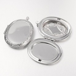 Platinum Carved Oval Brass Locket Big Pendants, Platinum, Tray: 34x25mm, 52x39x9mm, Hole: 2x5mm