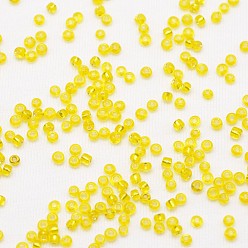 Yellow 8/0 Transparent Glass Round Seed Beads, Grade A, Silver Lined, Yellow, 2.8~3.2mm, Hole: 1.0mm, about 15000pcs/pound
