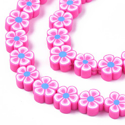 Hot Pink Handmade Polymer Clay Bead Strands, Flower, Hot Pink, 7.5~10x7~11x3.5~5mm, Hole: 1.6mm, about 38~40pcs/strand, 13.58 inch~14.57 inch(34.5~37cm)