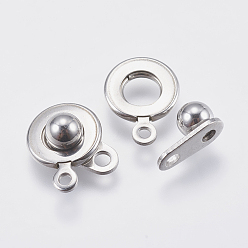 Stainless Steel Color 201 Stainless Steel Snap Clasps, Round, Stainless Steel Color, 15x9.5x5mm, Hole: 1mm and 2mm
