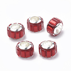 Red Glass European Beads, Large Hole Beads, with Brass Core, Faceted, Rondelle, Silver, Red, 9x7mm, Hole: 5mm