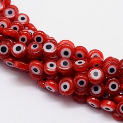 Red Handmade Evil Eye Lampwork Flat Round Bead Strands, Red, 10x4mm, Hole: 1mm, about 38pcs/strand, 14.96 inch