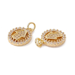 Real 18K Gold Plated Brass Micro Pave Clear Cubic Zirconia Pendants, with Jump Ring, Cadmium Free & Nickel Free & Lead Free, Rack Plating, Oval with Hamsa Hand Pattern, Real 18K Gold Plated, 15.5x12x3mm, Hole: 3mm