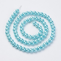 Bleu Ciel Brins de perles de verre teints écologiques, Grade a, ronde, cordon en coton fileté, bleu ciel, 6mm, Trou: 1.2~1.5mm, Environ 70 pcs/chapelet, 15.7 pouce