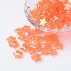 Orange Eco-Friendly Transparent Acrylic Beads, Star, Orange, AB Color, about 10mm in diameter, 4mm thick, hole:1.5mm. about 2140pcs/500g