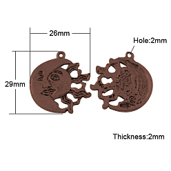 Red Copper Tibetan Style Alloy Pendants, Cadmium Free & Nickel Free & Lead Free, Sun and Moon, Red Copper, 29x26x2mm, Hole: 2mm