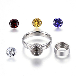 Stainless Steel Color 304 Stainless Steel Finger Rings, with 4-Color Rhinestones, Stainless Steel Color, Size 8, 18mm