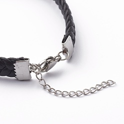 Black Imitation Leather Cord Bracelets, with Stainless Steel Lobster Claw Clasps, Stainless Steel Color, Black, 7-1/2 inch(19cm)