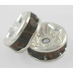 Smoked Topaz Brass Grade A Rhinestone Spacer Beads, Silver Color Plated, Nickel Free, Smoked Topaz, 8x3.8mm, Hole: 1.5mm