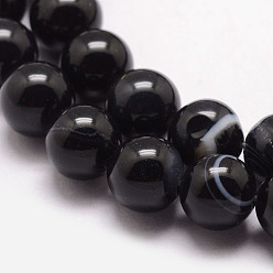 Black Natural Striped Agate/Banded Agate Bead Strands, Round, Grade A, Dyed & Heated, Black, 8mm, Hole: 1mm, about 47pcs/strand, 15 inch