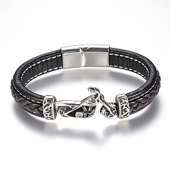 Noir Tressés bracelets cordon en cuir pour hommes, avec 304 accessoires en acier inoxydable et les fermoirs magnétiques, moto, noir, 8-5/8 pouces (220 mm)