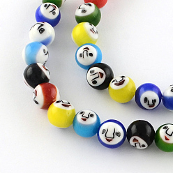 Mixed Color Round Handmade Lampwork Bead Strands, with Face Pattern, Mixed Color, 10mm, Hole: 1.5mm, about 39pcs/strand, 14.3 inch