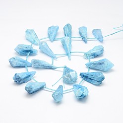 Light Sky Blue Electroplated Natural Quartz Crystal Beads Strands, Top Drilled Beads, Dyed, Teardrop, Light Sky Blue, 27~34x8~12x5~9mm, Hole: 1.5mm, about 22pcs/strand, 14.3 inch