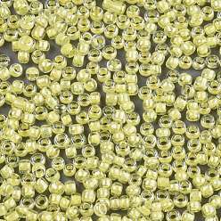 Yellow 12/0 Glass Seed Beads, Transparent Inside Colours Luster, Round Hole, Round, Yellow, 12/0, 2~2.5x1.5~2mm, Hole: 0.8mm, about 30000pcs/bag
