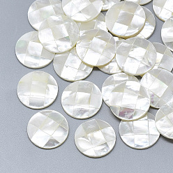 Seashell Color Natural White Shell Mother of Pearl Shell Cabochons, Flat Round with Mosaic Pattern, Seashell Color, 18x3mm
