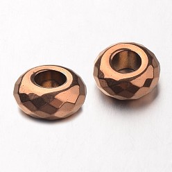 Copper Plated Electroplate Non-magnetic Synthetic Hematite European Beads, Faceted, Large Hole Rondelle Beads, Copper Plated, 14x6mm, Hole: 6mm