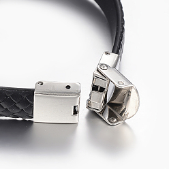 Noir Cuir PU bracelets de corde tressés, avec 304 accessoire en acier inoxydable, rectangle avec la croix, noir, 8-5/8 pouces (220 mm), 10~16x2.5~8.5mm