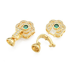 Real 18K Gold Plated Brass Pave Clear & Green Cubic Zirconia Fold Over Clasps, Nickel Free, Flower, Real 18K Gold Plated, Flower: 13.5x13.5x4.5mm, Clasp: 14x7x7mm, Inner Diameter: 5mm