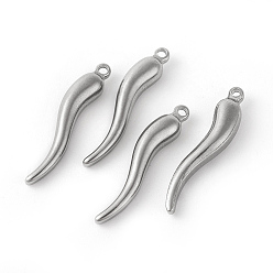 Stainless Steel Color 304 Stainless Steel Pendants, Horn of Plenty/Italian Horn Cornicello Charms, Stainless Steel Color, 28x5.5x4.5mm, Hole: 1.6mm