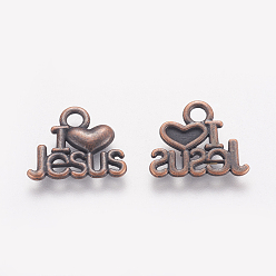 Red Copper Tibetan Style Alloy Pendants, For Easter, Holy Charms(I Love Jesus), Cadmium Free & Nickel Free & Lead Free, Heart, Red Copper, 13x15x2mm, Hole: 3mm