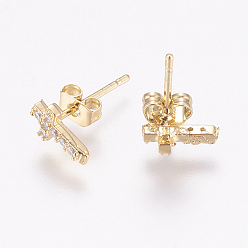 Golden Brass Micro Pave Cubic Zirconia Stud Earrings, with Ear Nuts, Cross, Golden, 8x5x2mm, pin: 1mm