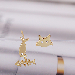 Golden Real 18K Gold Plated Brass Cubic Zirconia Kitten Dangle Stud Earrings, Cat and Fish, Asymmetrical Earrings, 15x11mm