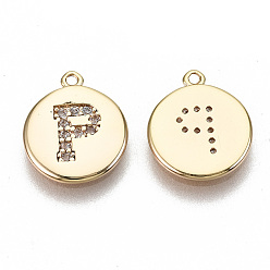 Letter P Brass Micro Pave Clear Cubic Zirconia Charms, Nickel Free, Real 18K Gold Plated, Flat Round, Letter.P, 11.5x10x1mm, Hole: 0.9mm