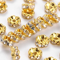 Golden Brass Rhinestone Spacer Beads, Grade B, Clear, Golden Metal Color, Size: about 6mm in diameter, 3mm thick, hole: 1mm