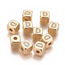Letter D Brass Micro Pave Cubic Zirconia Beads, Horizontal Hole, Real 18K Gold Plated, Long-Lasting Plated, Cube with Letter, Clear, Letter.D, 9x9x9mm, Hole: 3.5mm