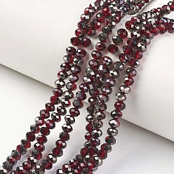 Rouge Foncé Plaquent verre transparent perles brins, demi-plaqué noir, facette, rondelle, rouge foncé, 4x3mm, Trou: 0.4mm, Environ 123~127 pcs/chapelet, 16.5~16.9 pouce (42~43 cm)