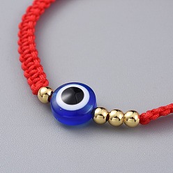 Rouge Bracelets de perles tressées en fil de nylon, bracelets ficelle rouge, avec des perles de résine mauvais œil et des perles en laiton, or, rouge, 2-1/8 pouces ~ 3-1/8 pouces (5.3~8 cm)