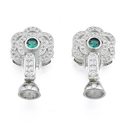 Real Platinum Plated Brass Pave Clear & Green Cubic Zirconia Fold Over Clasps, Nickel Free, Flower, Real Platinum Plated, Flower: 13.5x13.5x4.5mm, Clasp: 14x7x7mm, Inner Diameter: 5mm