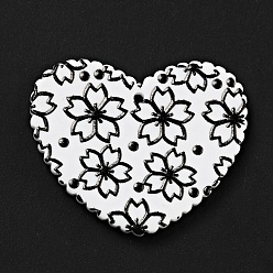 Noir Pendentifs acryliques imprimés, coeur avec motif sakura, noir, 26x31.5x2mm, Trou: 1.5mm