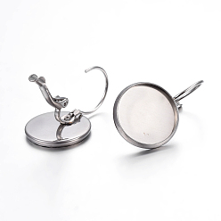 Stainless Steel Color 304 Stainless Steel Leverback Earring Settings, Flat Round, Stainless Steel Color, Tray: 14mm, 27x16x13.5mm, Pin: 0.7mm