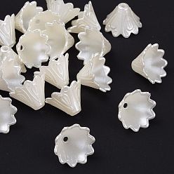 Creamy White Multi-Petal Flower ABS Plastic Imitation Pearl Bead Caps, Creamy White, 10x15mm, Hole: 2mm