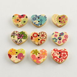 Mixed Color 2-Hole Printed Wooden Buttons, Heart, Mixed Color, 16x17x3mm, Hole: 2mm