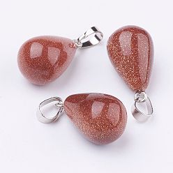 Goldstone Synthetic Goldstone Pendants, with Platinum Tone Brass Findings, Drop, 24~24.5x14mm, Hole: 5x7mm